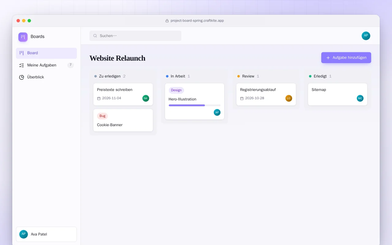 Projektboard (Spring Boot): der Bildschirm „Website Relaunch“