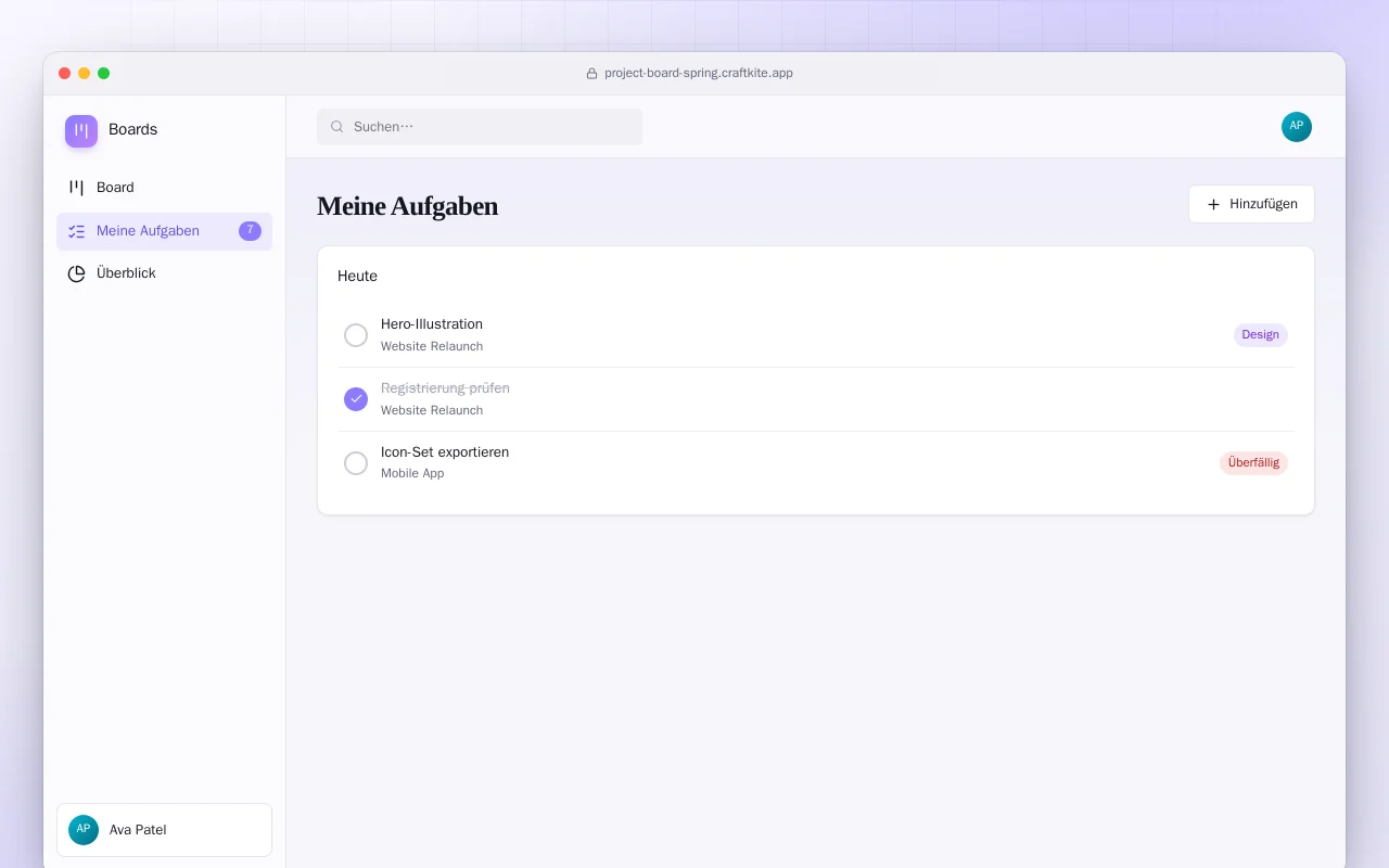 Projektboard (Spring Boot): der Bildschirm „Meine Aufgaben“