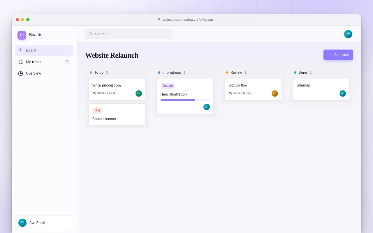 Project Board (Spring Boot): the Website Relaunch screen