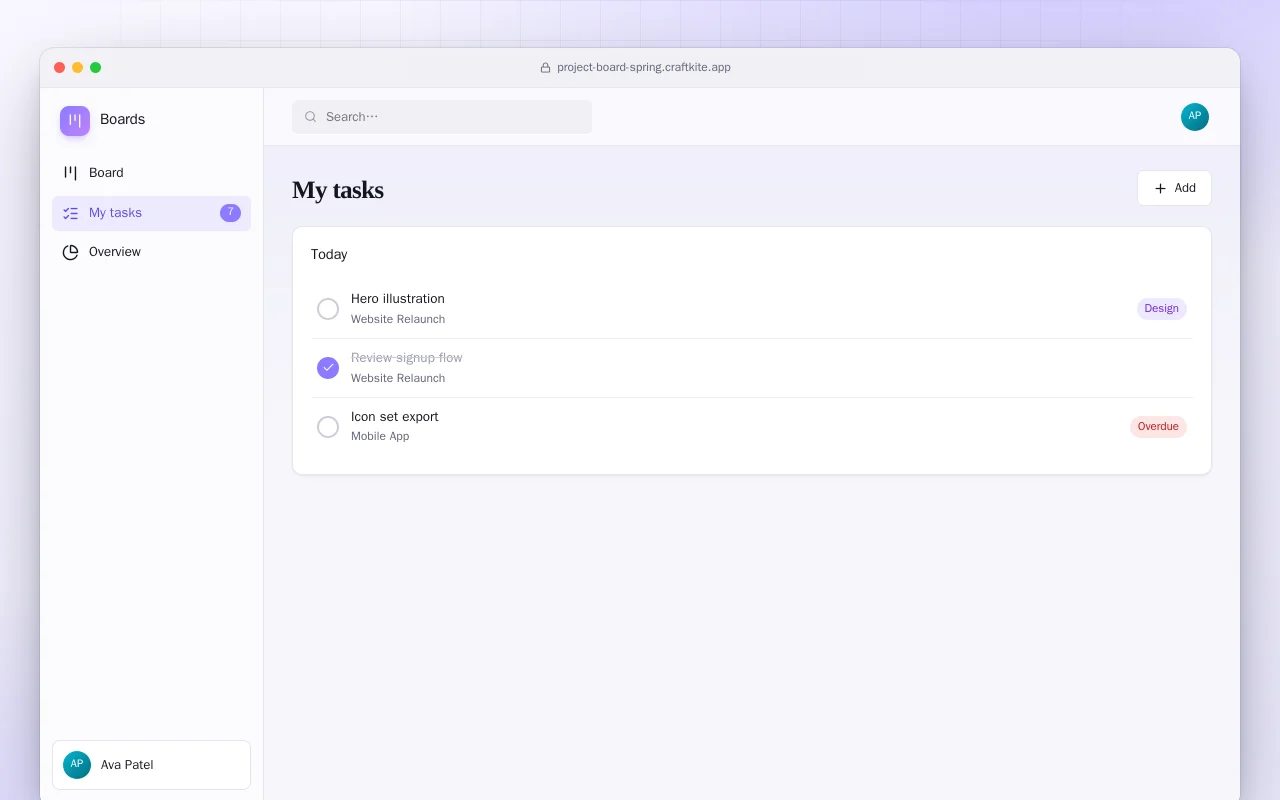 Project Board (Spring Boot): the My tasks screen