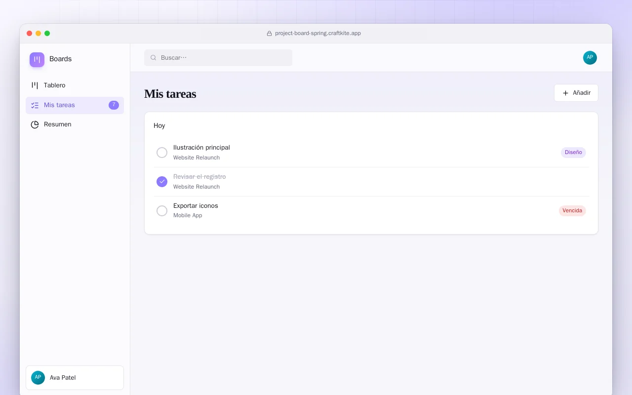 Tablero de proyectos (Spring Boot): la pantalla Mis tareas