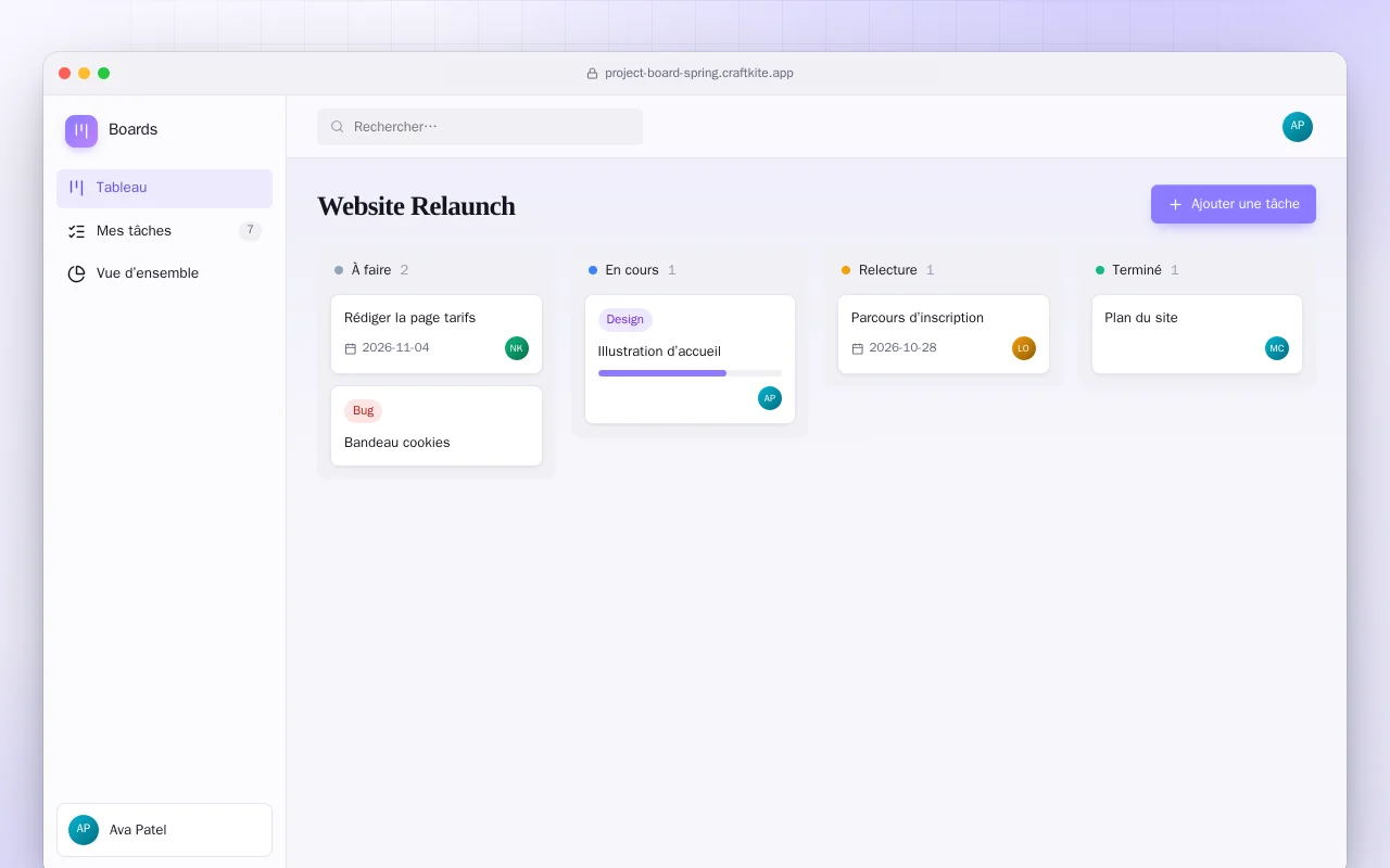 Tableau de projets (Spring Boot) : l’écran Website Relaunch