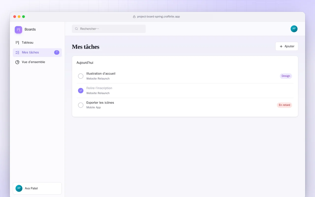 Tableau de projets (Spring Boot) : l’écran Mes tâches