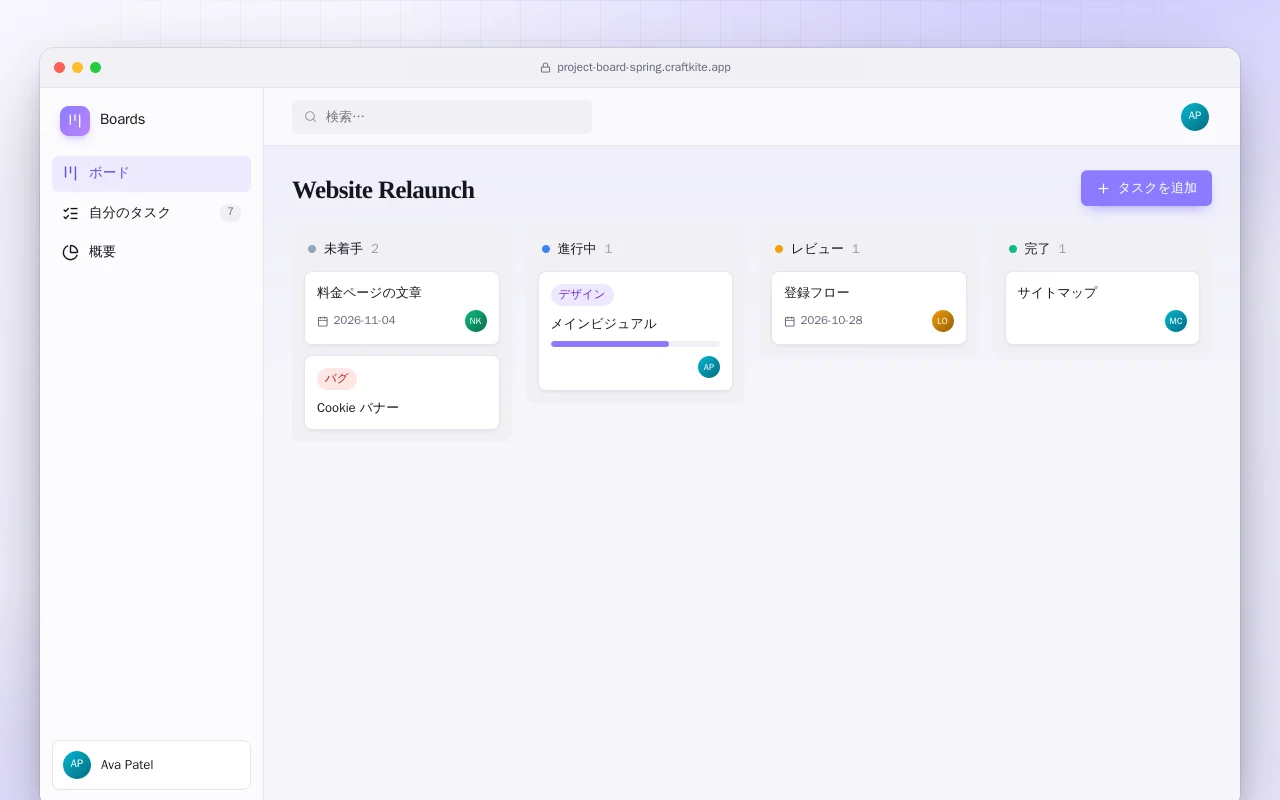 プロジェクトボード（Spring Boot）：Website Relaunch画面
