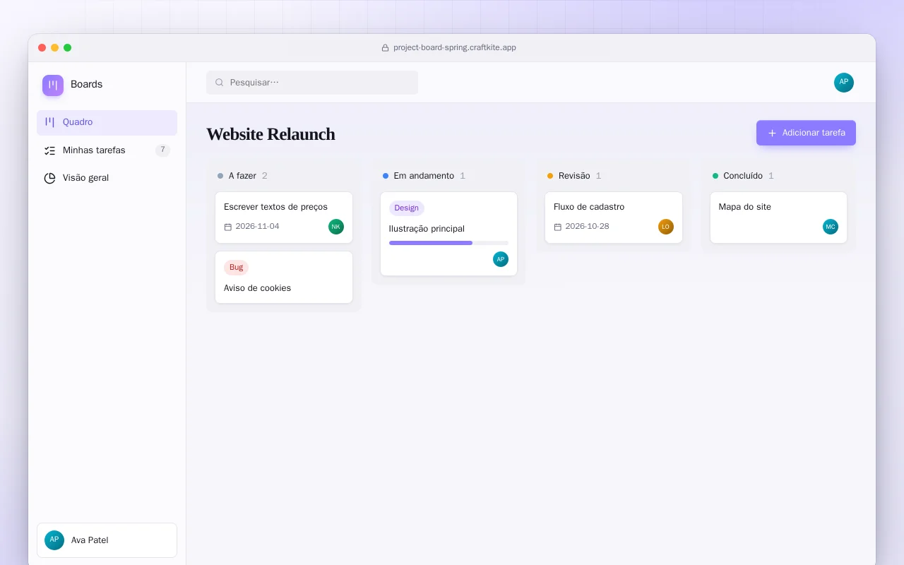 Quadro de projetos (Spring Boot): a tela Website Relaunch