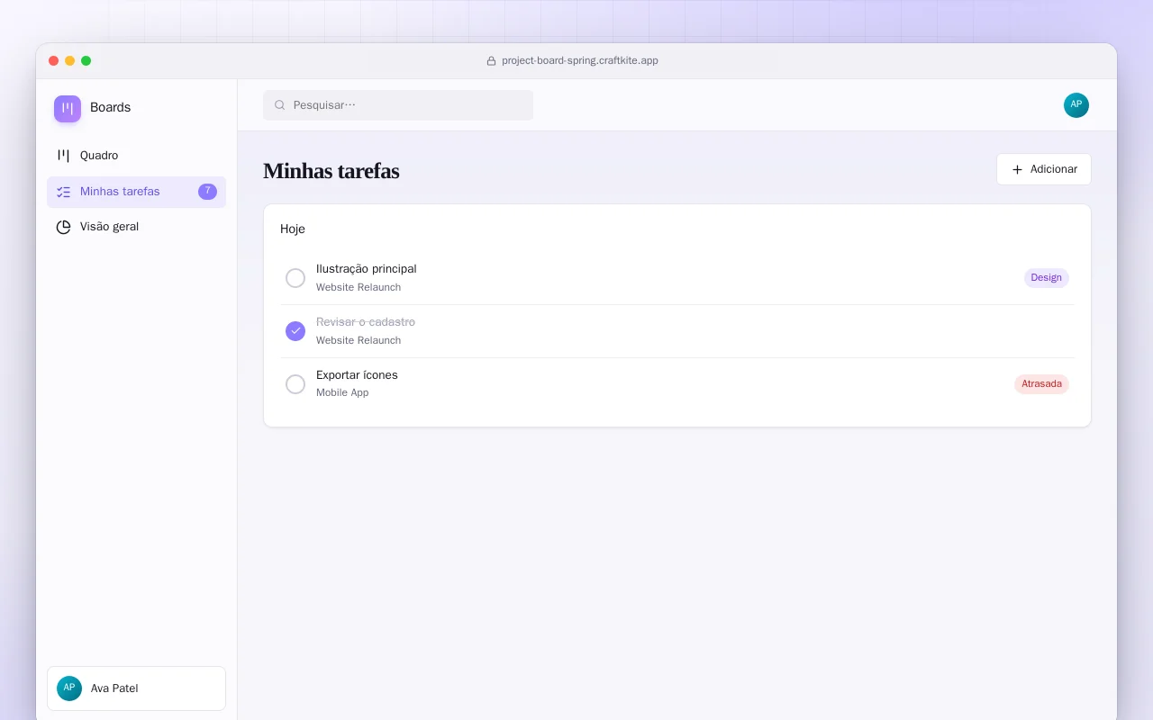 Quadro de projetos (Spring Boot): a tela Minhas tarefas