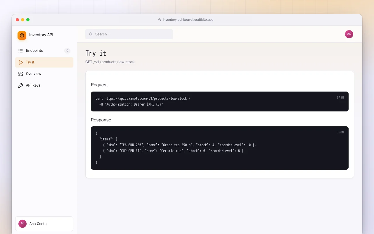 Inventory API (Laravel): the Try it screen