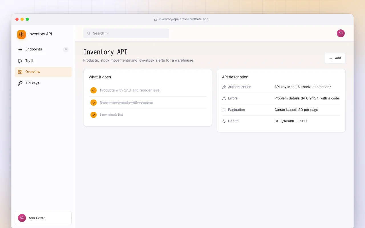 Inventory API (Laravel): the Inventory API screen
