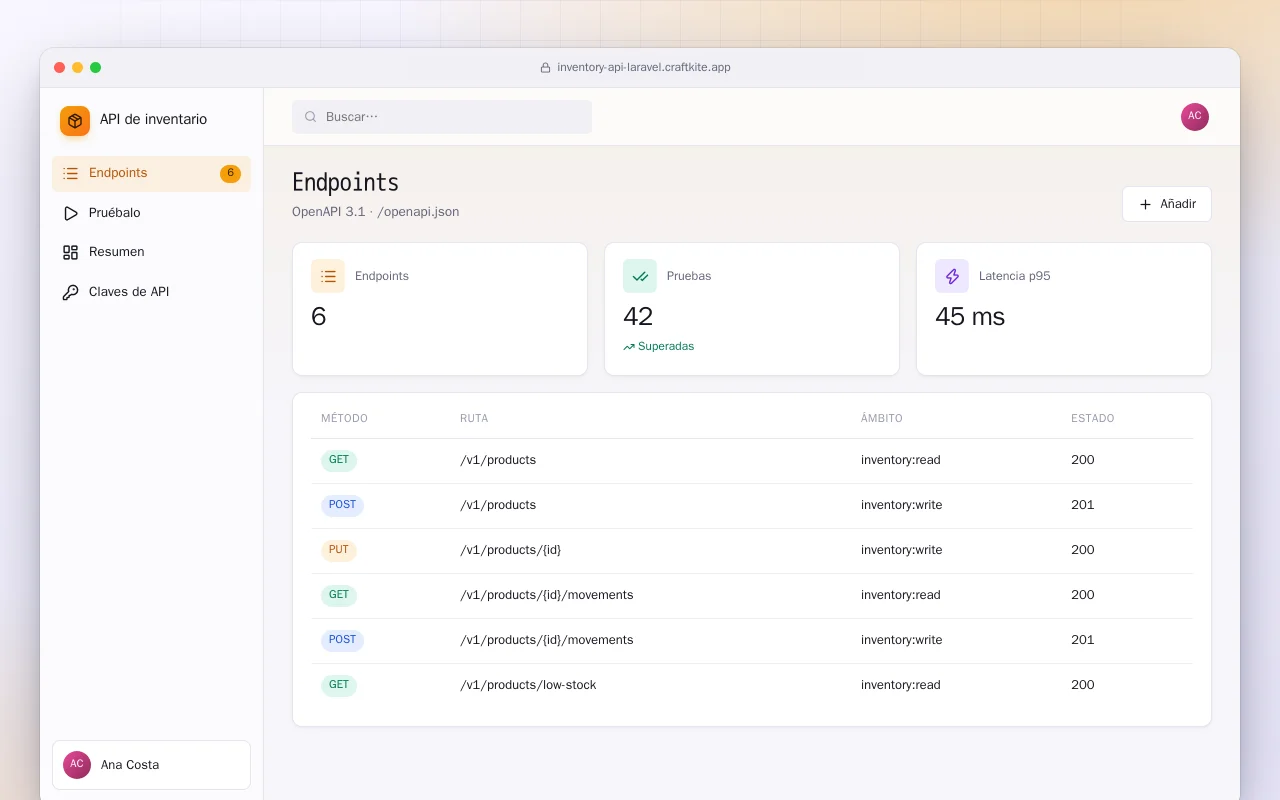 API de inventario (Laravel): la pantalla Endpoints