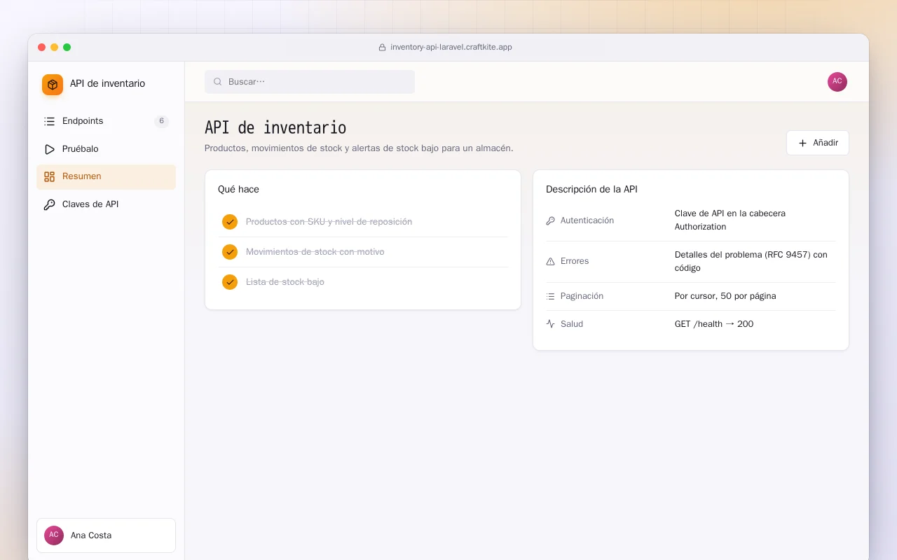 API de inventario (Laravel): la pantalla API de inventario