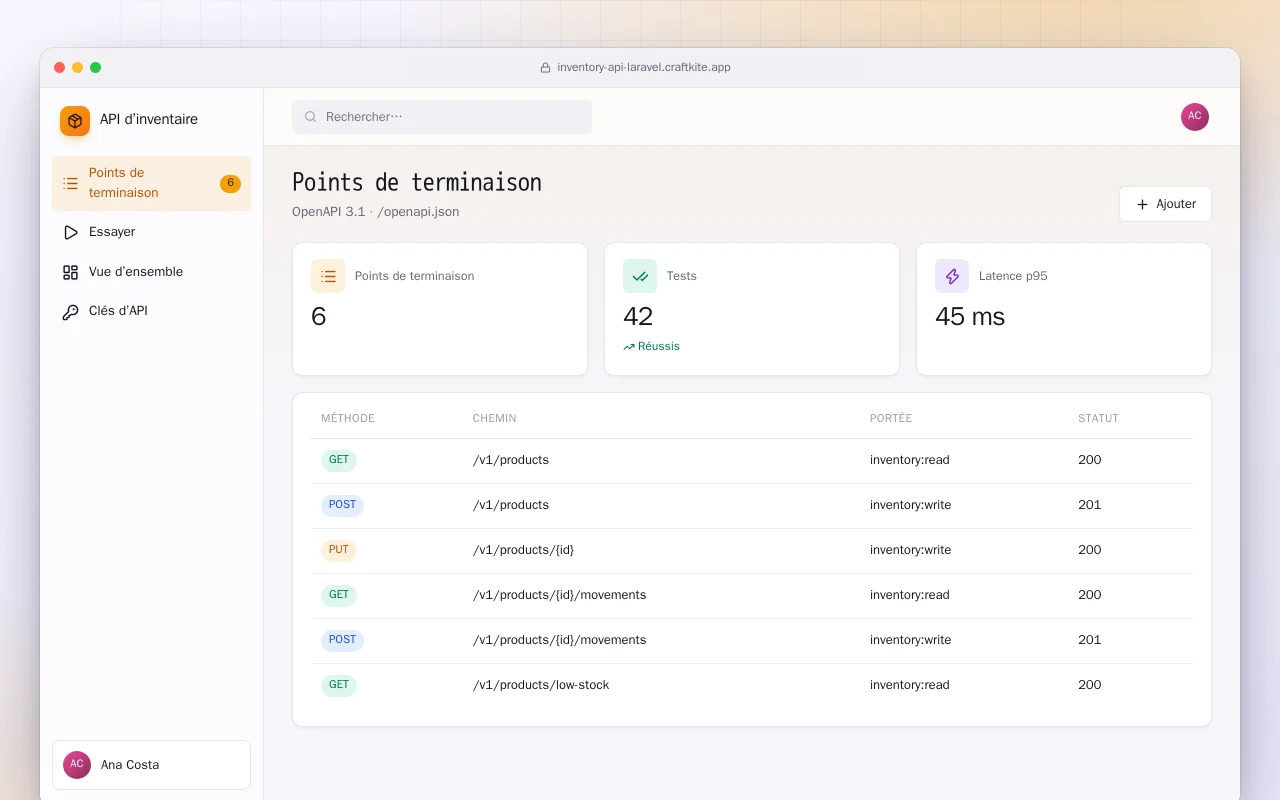 API d’inventaire (Laravel) : l’écran Points de terminaison