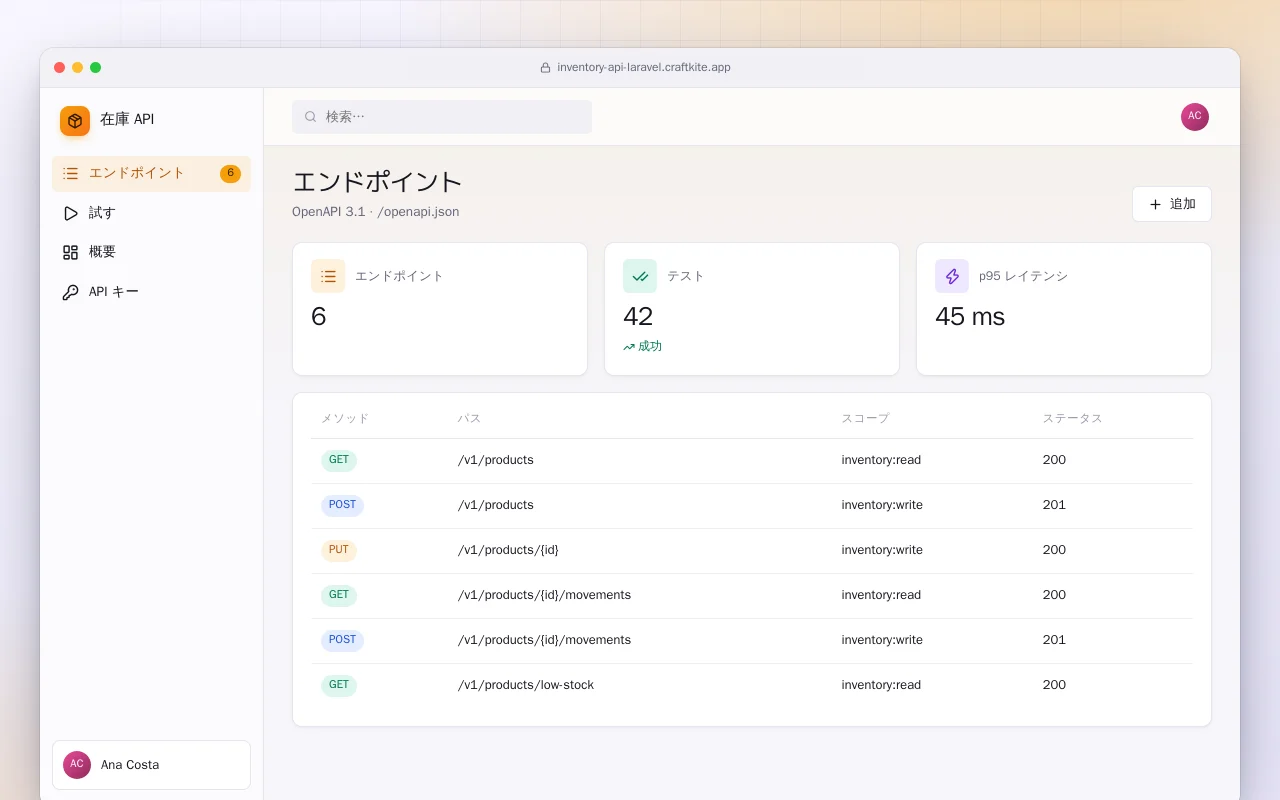 在庫 API（Laravel）：エンドポイント画面