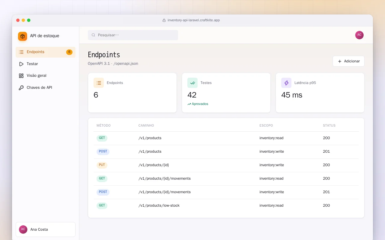 API de estoque (Laravel): a tela Endpoints