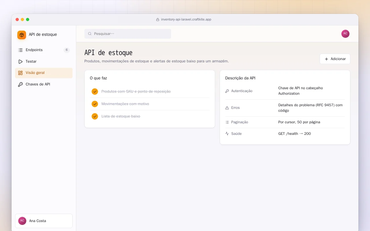 API de estoque (Laravel): a tela API de estoque