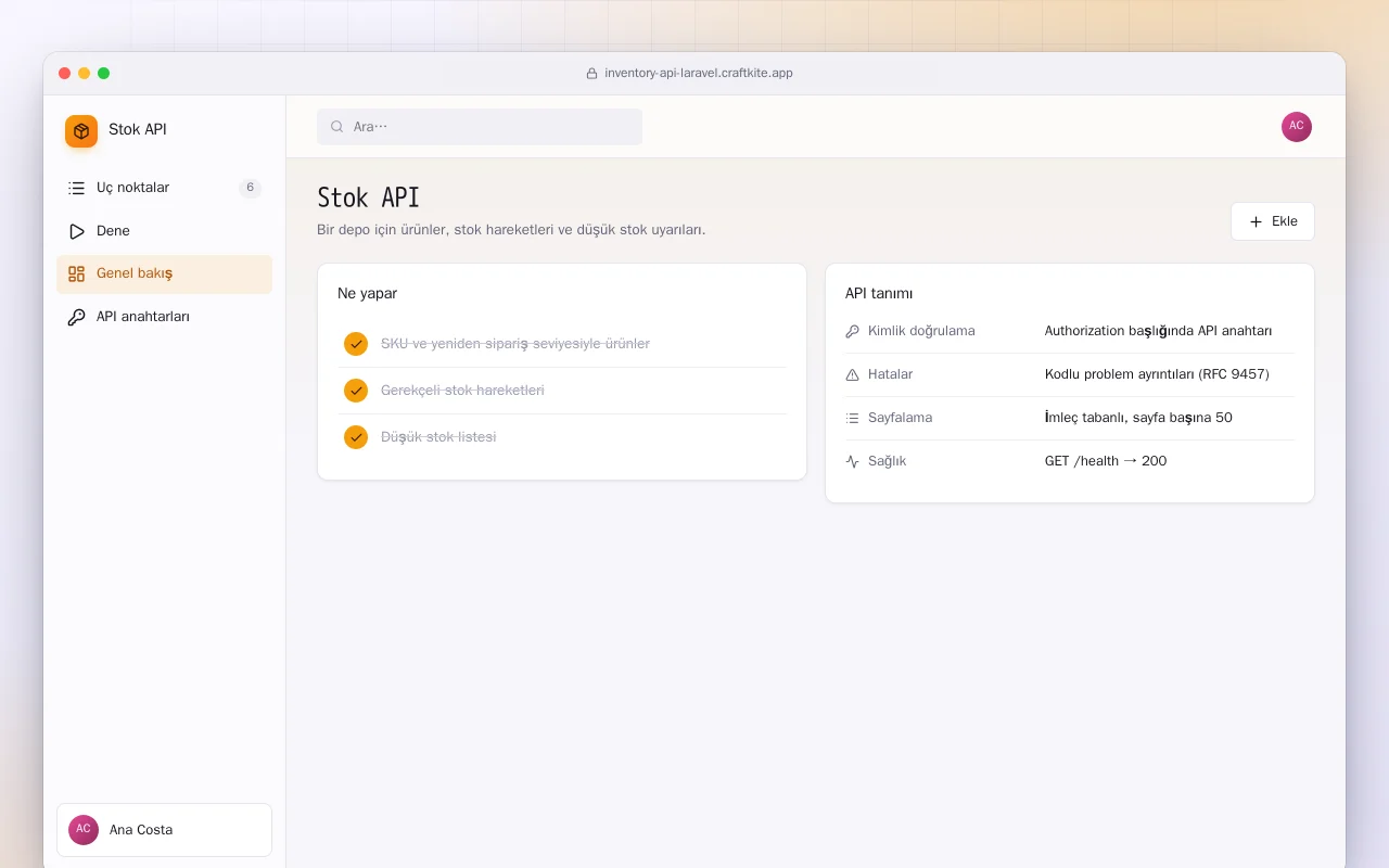 Stok API (Laravel): Stok API ekranı