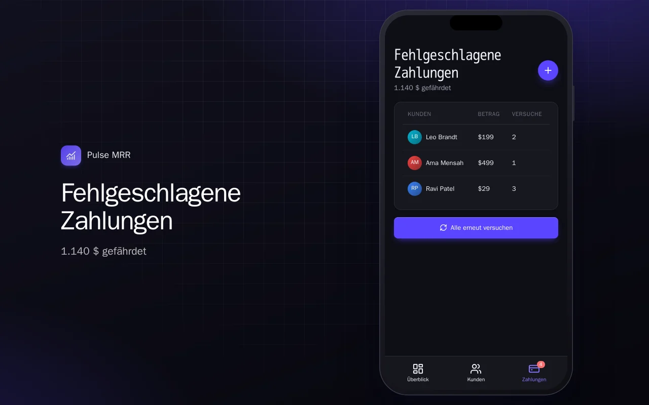 Abo-Kennzahlen für unterwegs: der Bildschirm „Fehlgeschlagene Zahlungen“