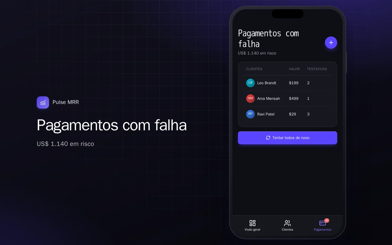 Métricas de assinatura no celular: a tela Pagamentos com falha