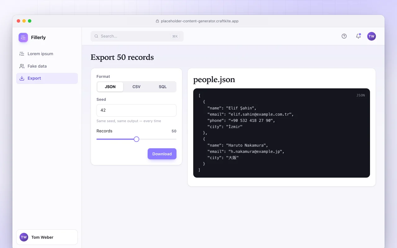 Placeholder content generator: the Export 50 records screen