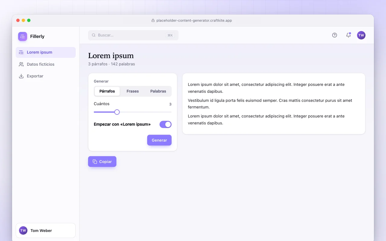 Generador de contenido de relleno: la pantalla Lorem ipsum