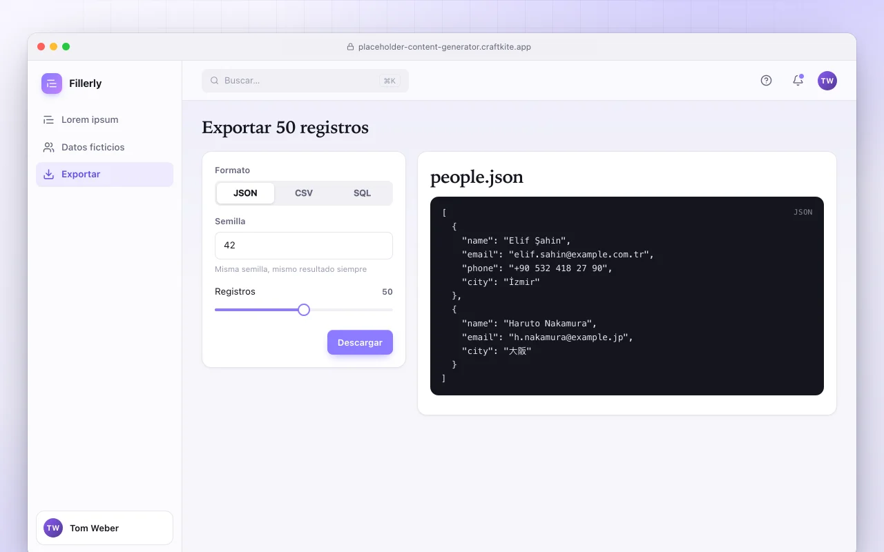 Generador de contenido de relleno: la pantalla Exportar 50 registros