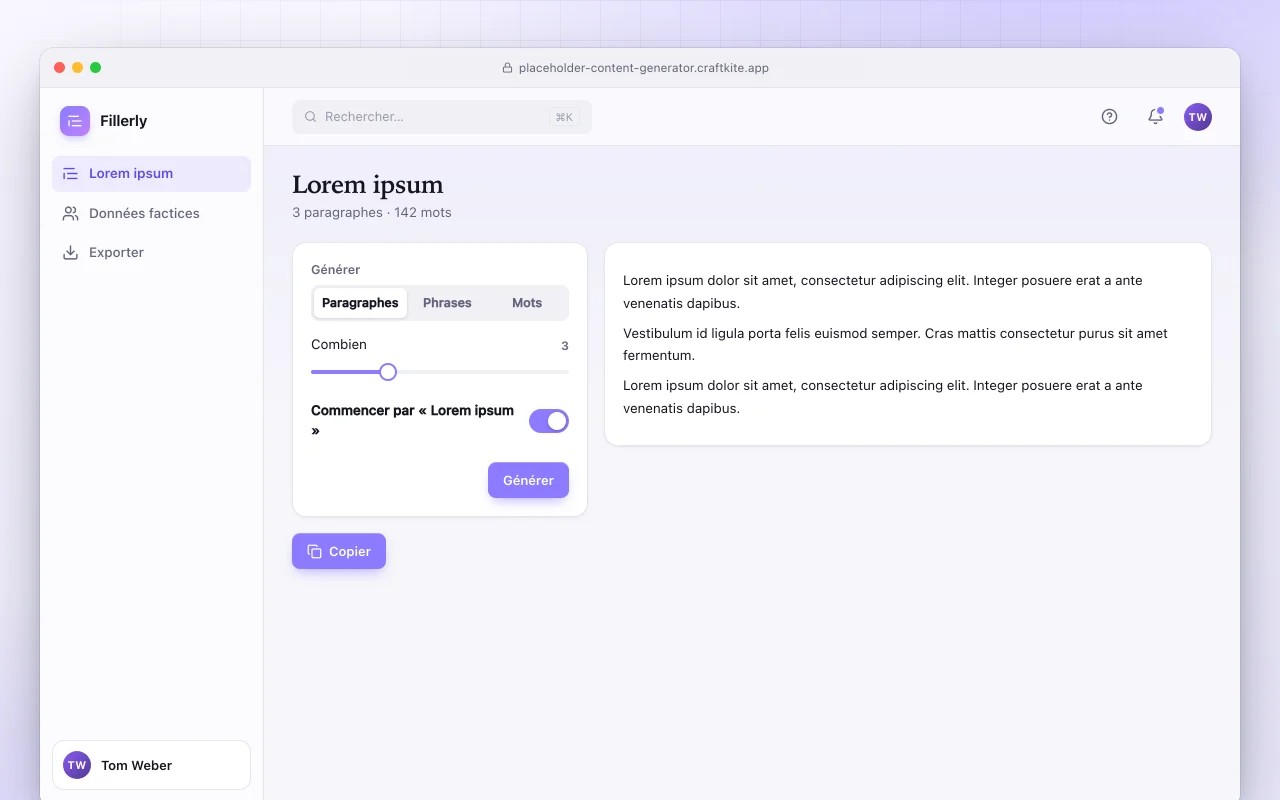 Générateur de contenu fictif : l’écran Lorem ipsum