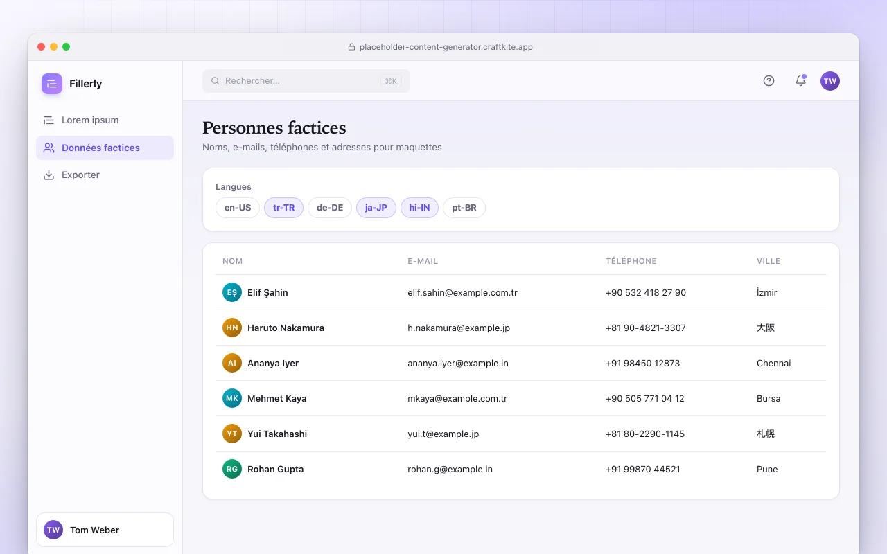 Générateur de contenu fictif : l’écran Personnes factices