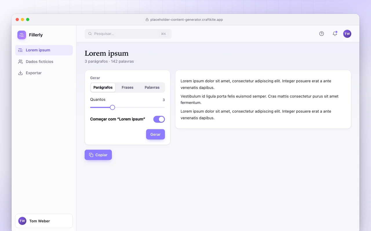 Gerador de conteúdo de exemplo: a tela Lorem ipsum