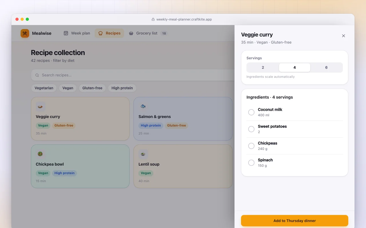 Weekly meal planner: the Recipe collection screen