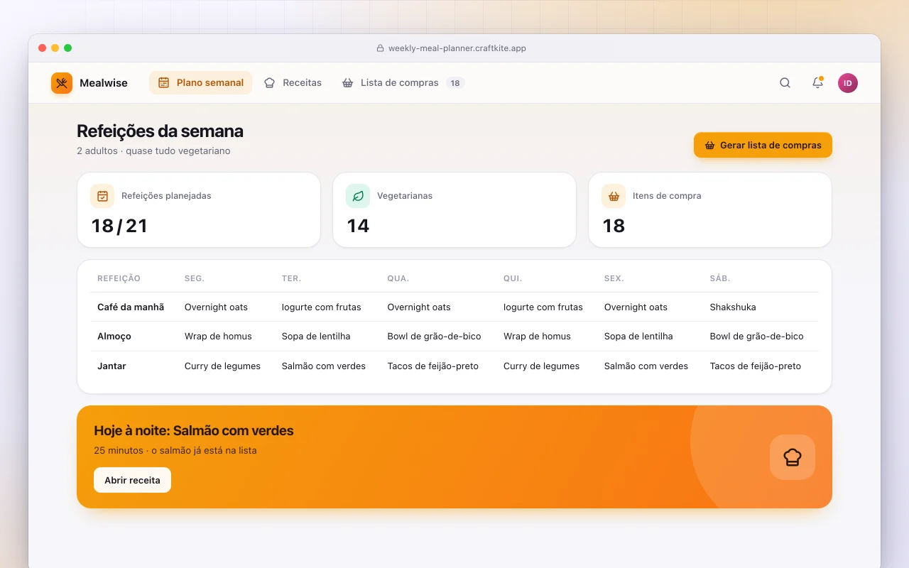 Planejador de refeições semanal: a tela Refeições da semana