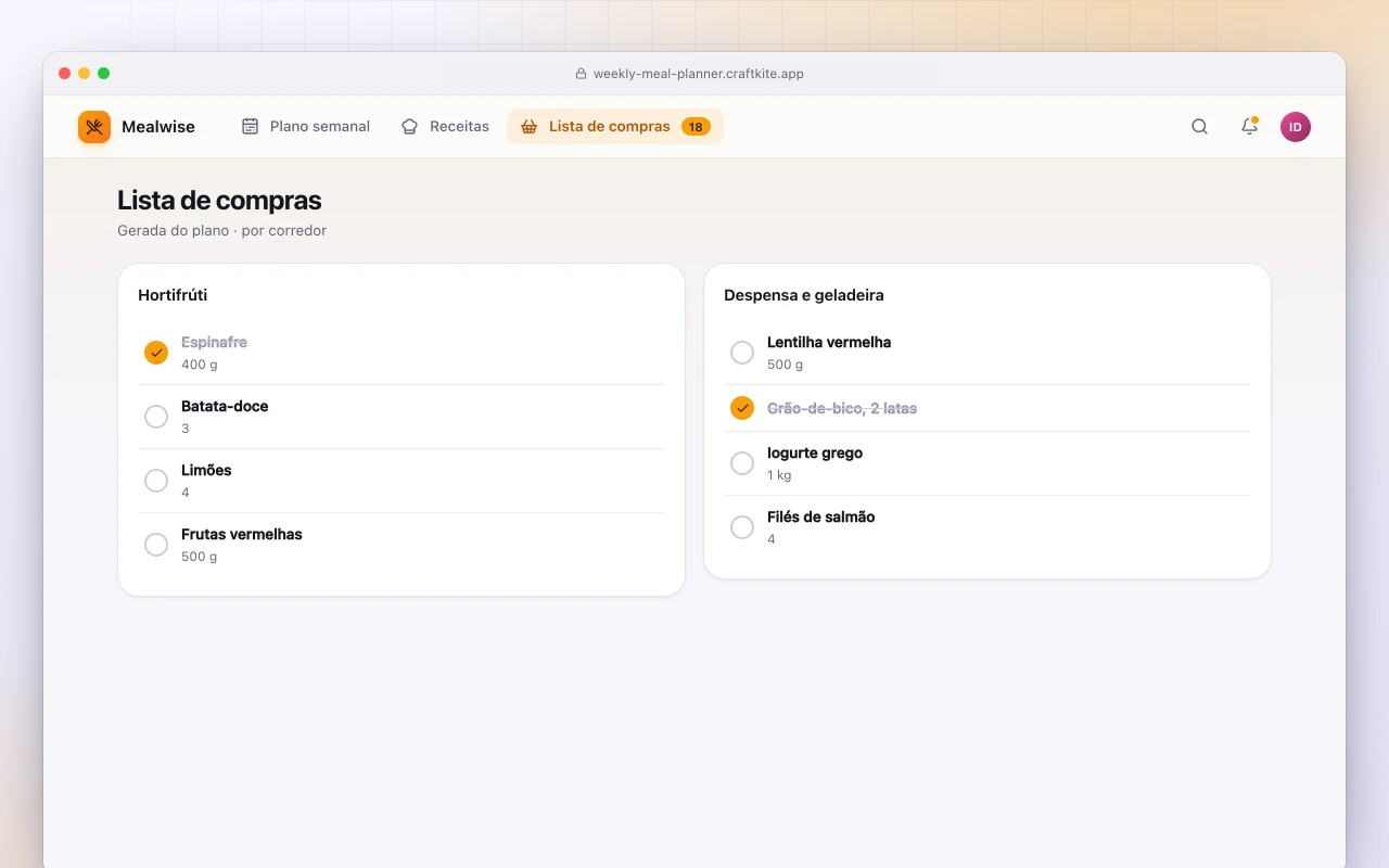 Planejador de refeições semanal: a tela Lista de compras