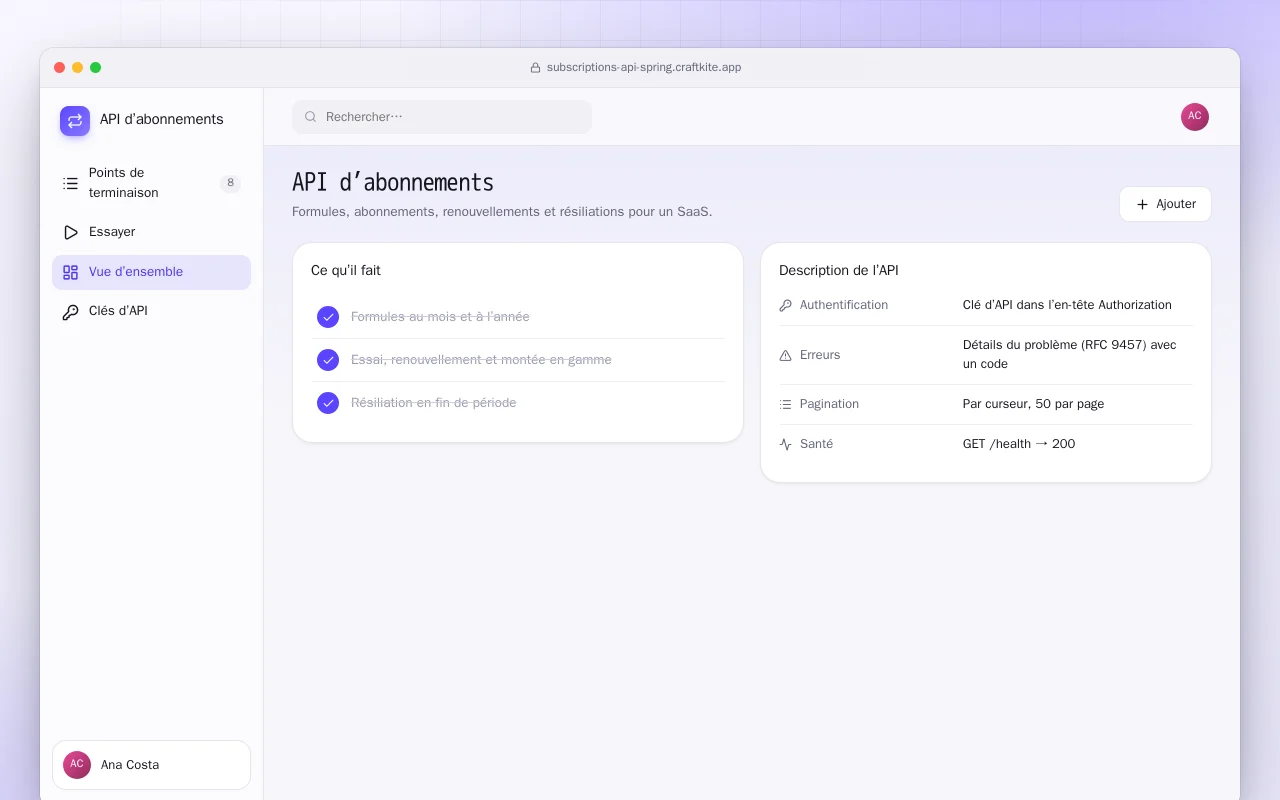API d’abonnements (Spring Boot) : l’écran API d’abonnements