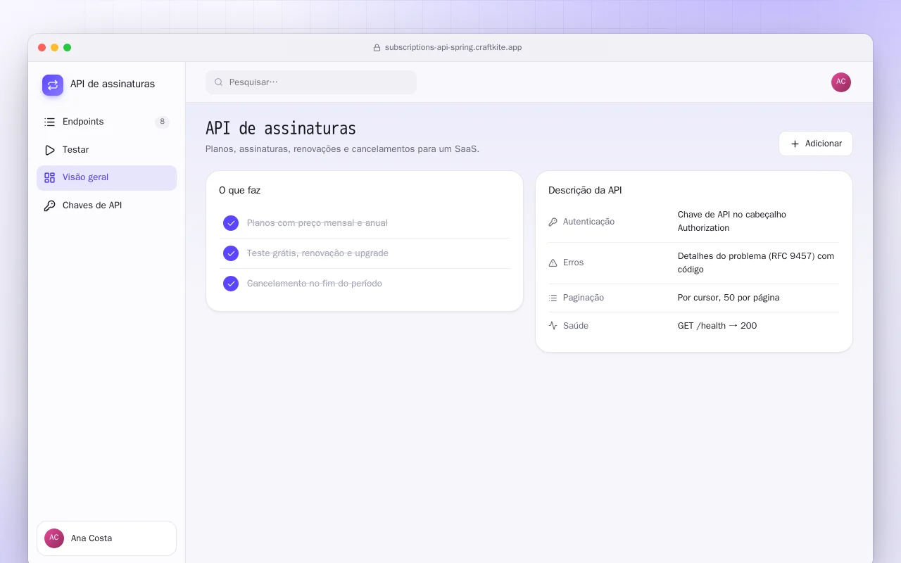 API de assinaturas (Spring Boot): a tela API de assinaturas