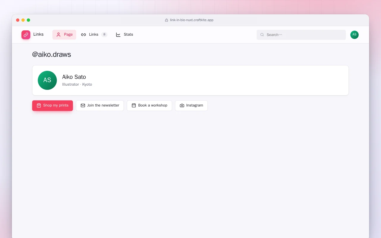 Link Page (Nuxt): the @aiko.draws screen