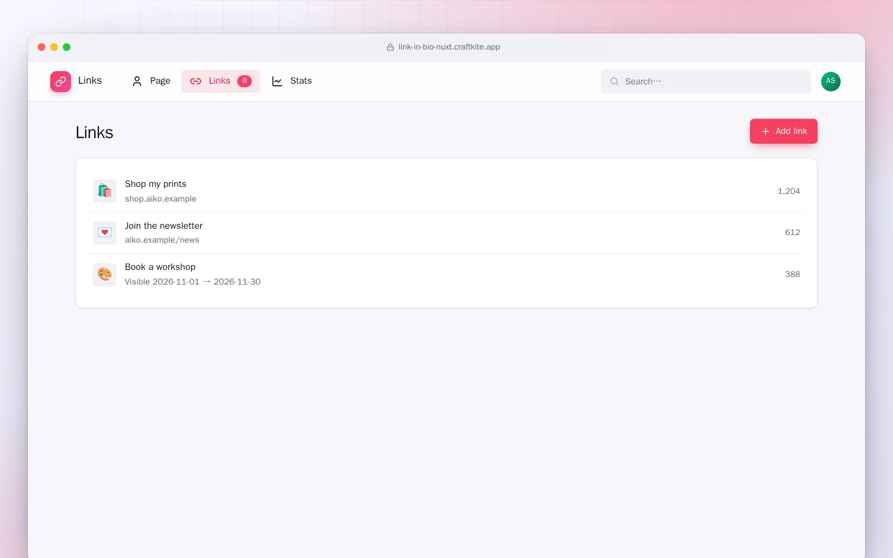 Link Page (Nuxt): the Links screen