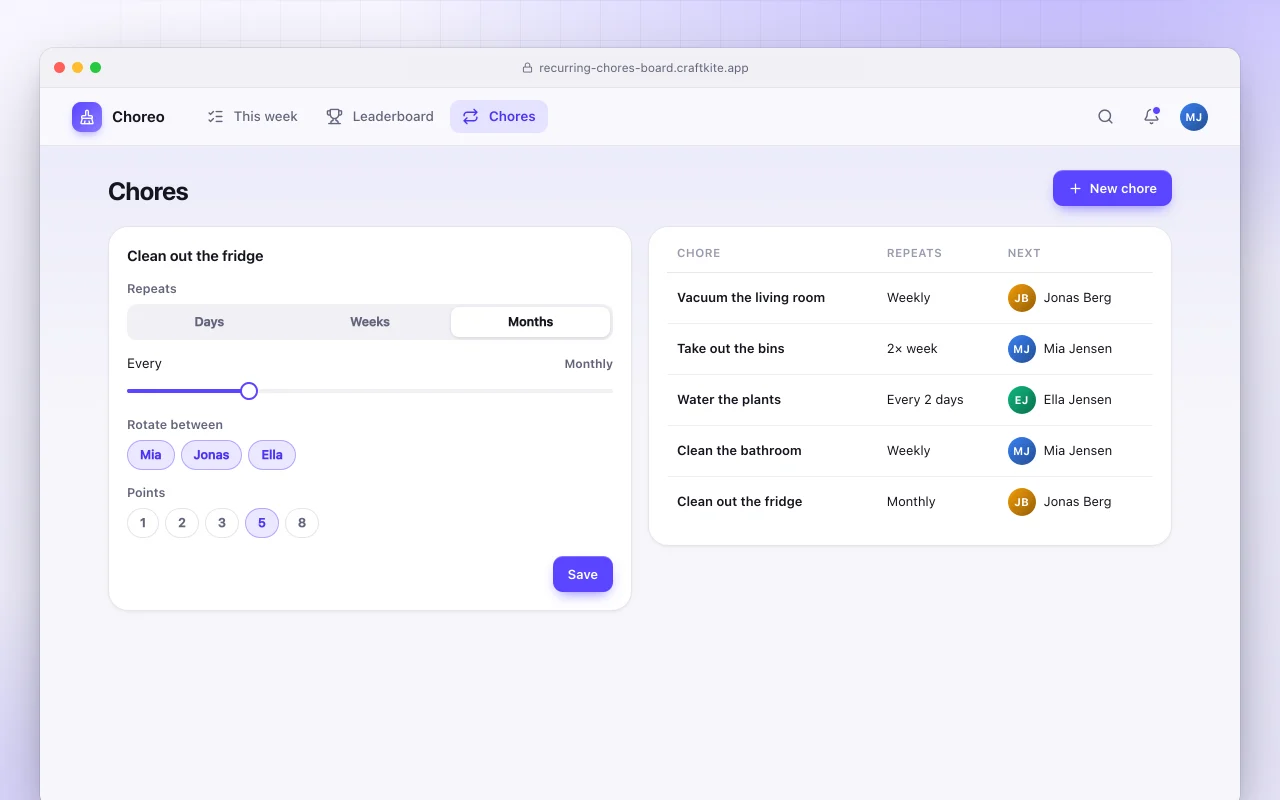 Recurring chores board: the Chores screen