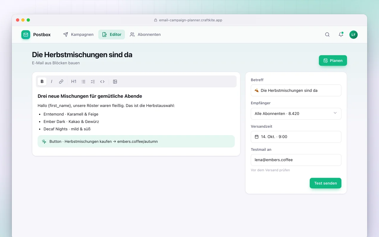 E-Mail-Kampagnenplaner: der Bildschirm „Die Herbstmischungen sind da“