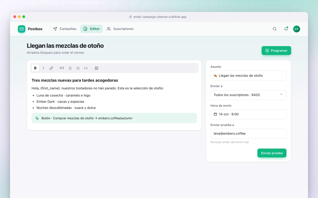 Planificador de campañas de correo: la pantalla Llegan las mezclas de otoño