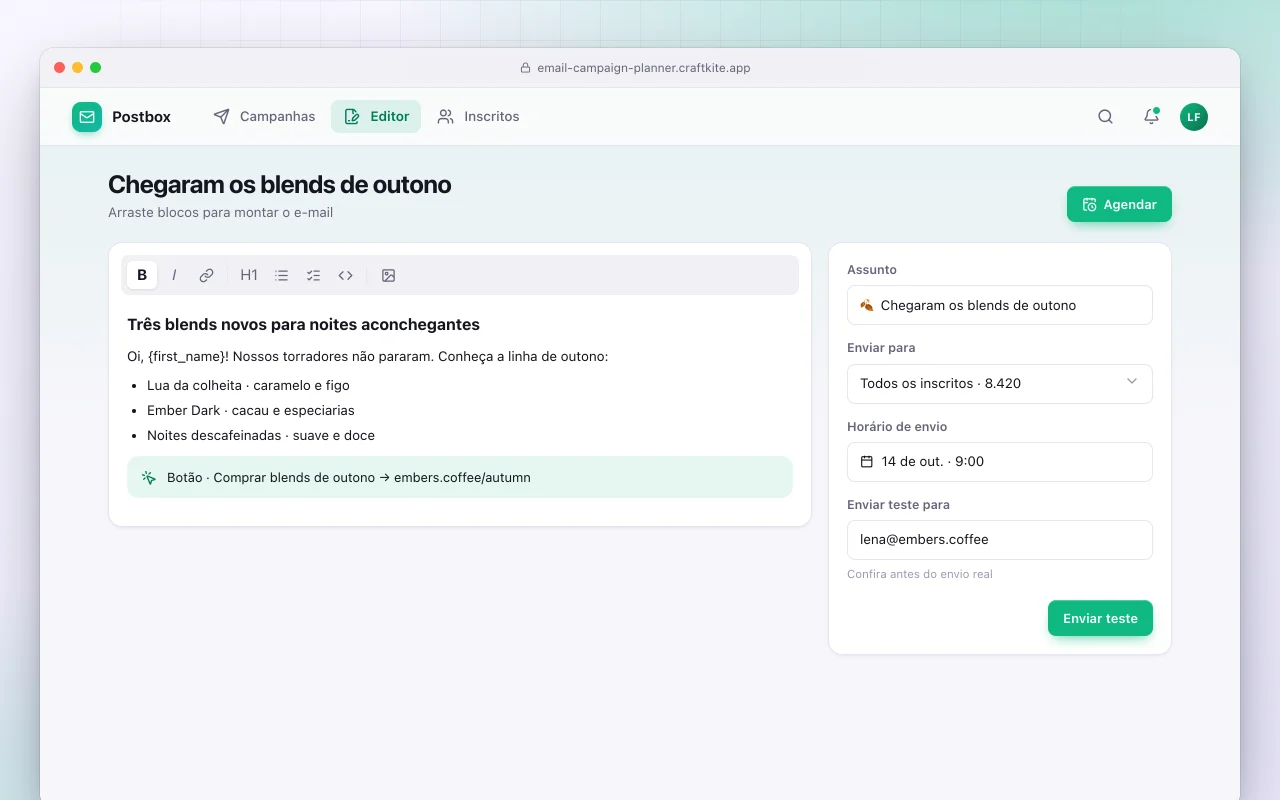 Planejador de campanhas de e-mail: a tela Chegaram os blends de outono