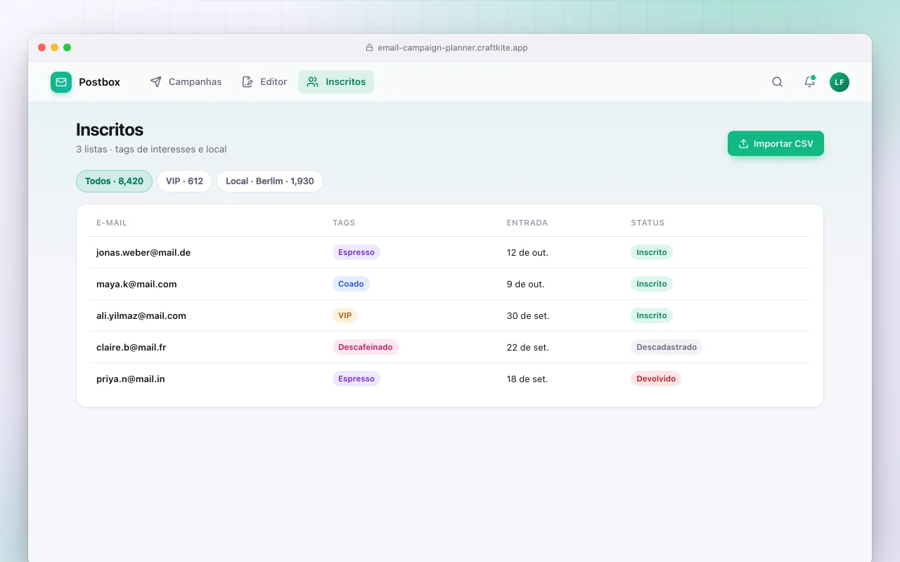 Planejador de campanhas de e-mail: a tela Inscritos