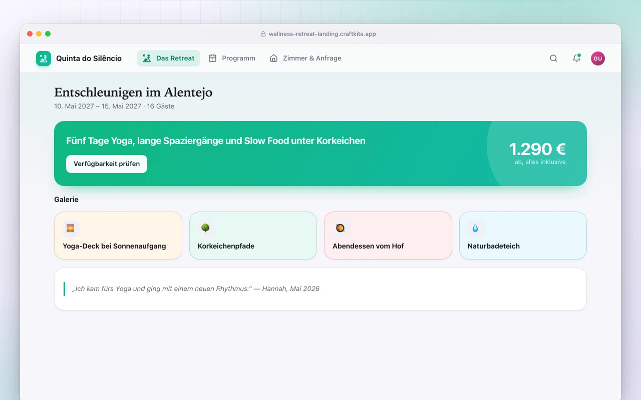 Landingpage für Wellness-Retreat: der Bildschirm „Entschleunigen im Alentejo“