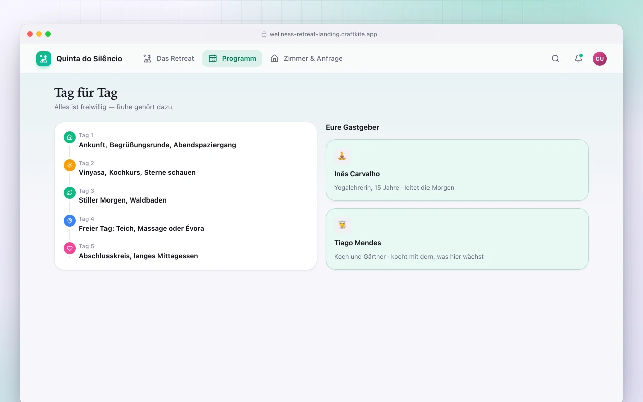 Landingpage für Wellness-Retreat: der Bildschirm „Tag für Tag“