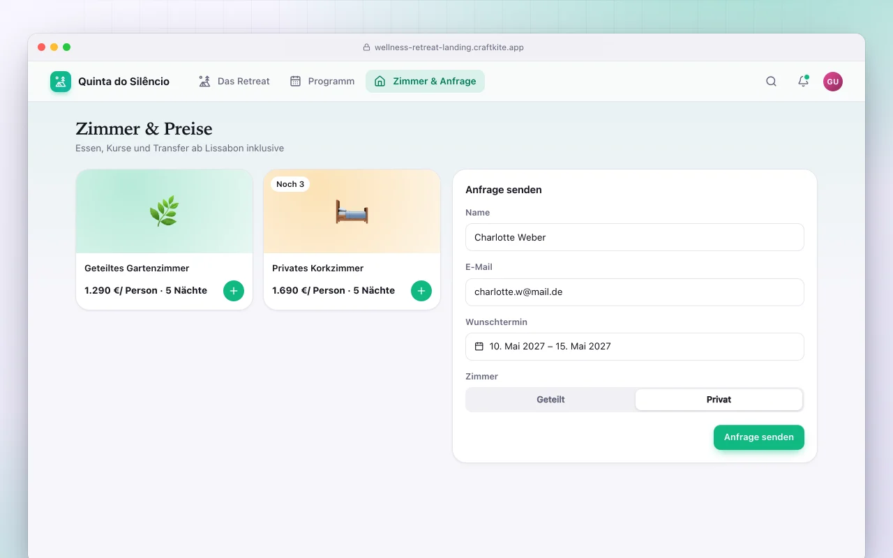 Landingpage für Wellness-Retreat: der Bildschirm „Zimmer & Preise“