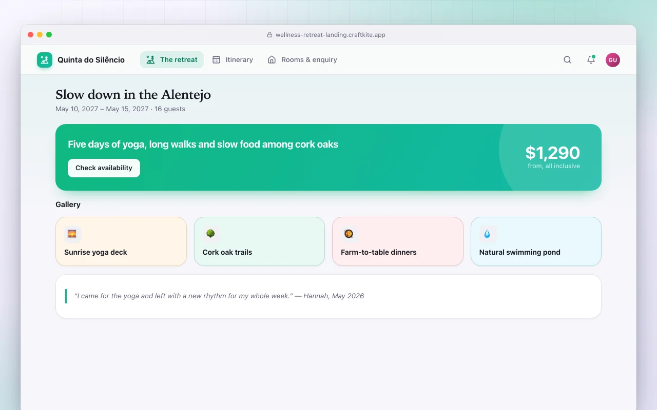 Wellness retreat landing page: the Slow down in the Alentejo screen