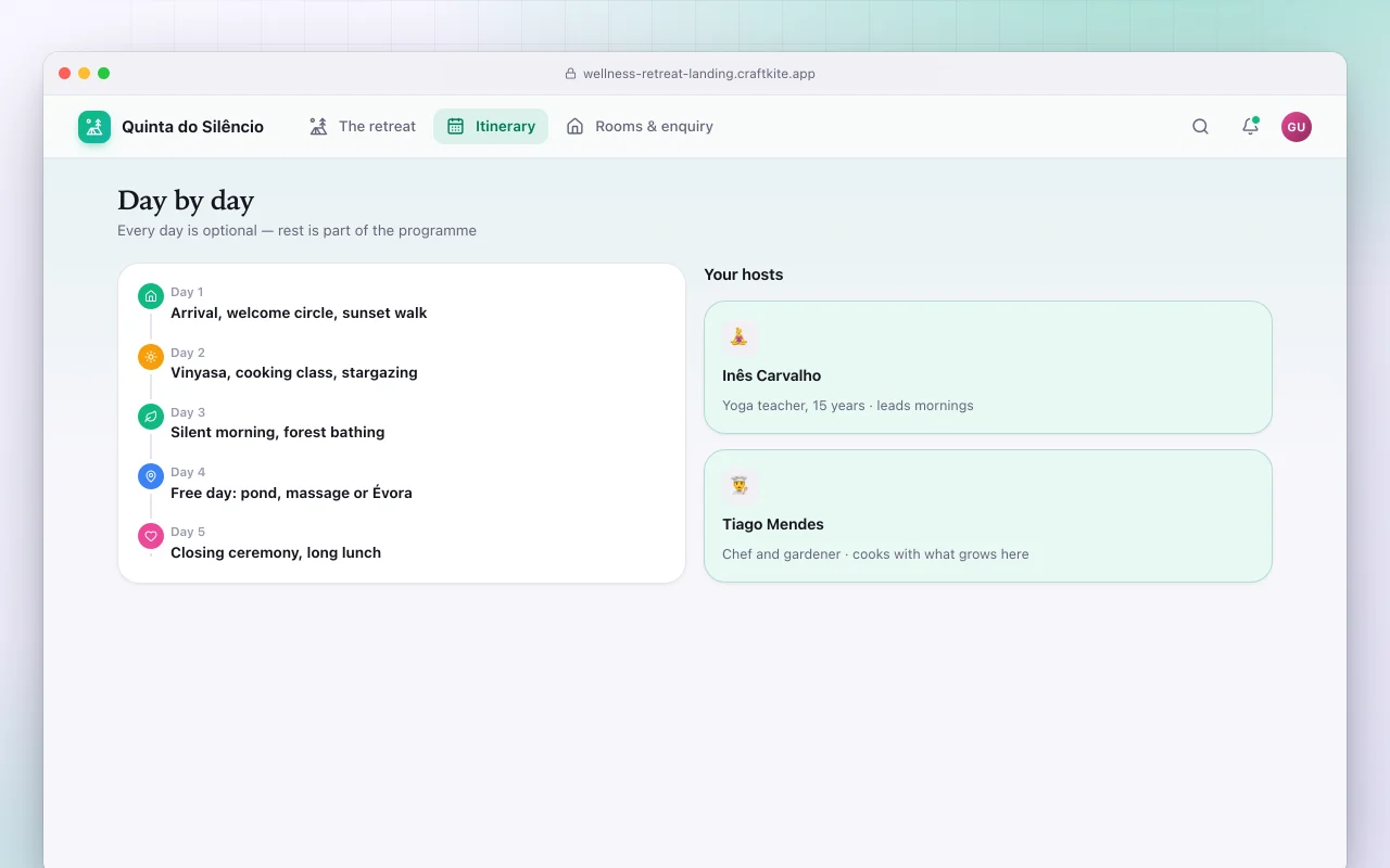 Wellness retreat landing page: the Day by day screen