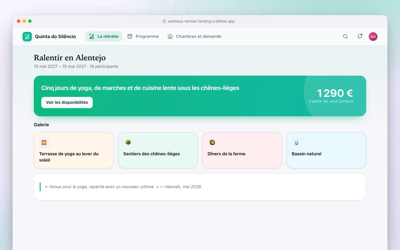 Page d’accueil de retraite bien-être : l’écran Ralentir en Alentejo