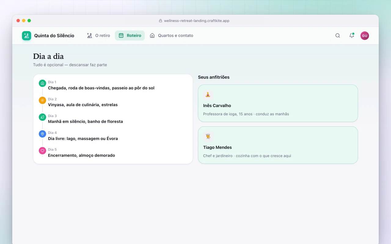 Landing page de retiro de bem-estar: a tela Dia a dia
