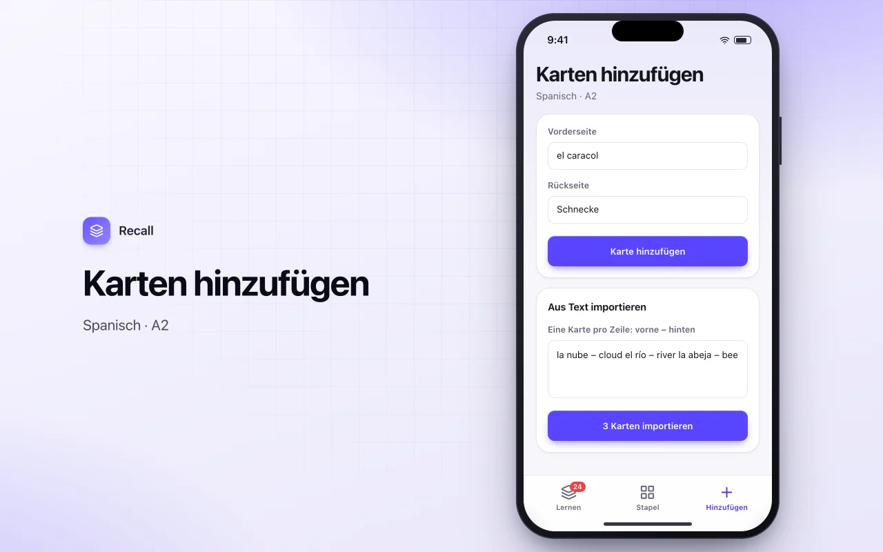 Lernkarten mit Wiederholungsintervallen: der Bildschirm „Karten hinzufügen“