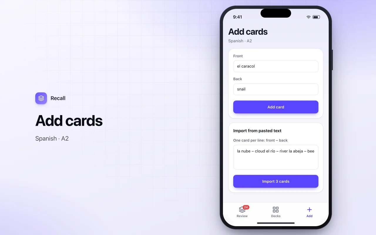 Spaced repetition flashcards: the Add cards screen