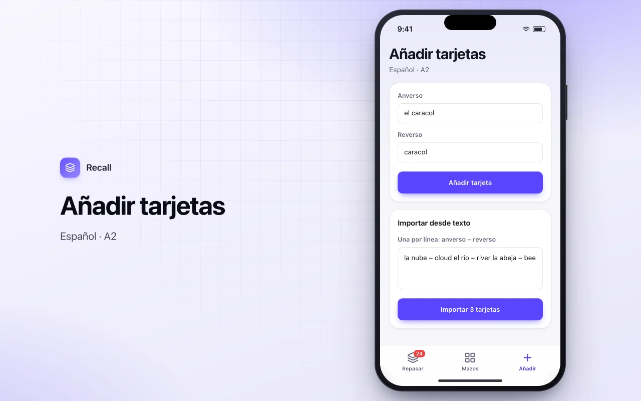 Tarjetas de repaso espaciado: la pantalla Añadir tarjetas