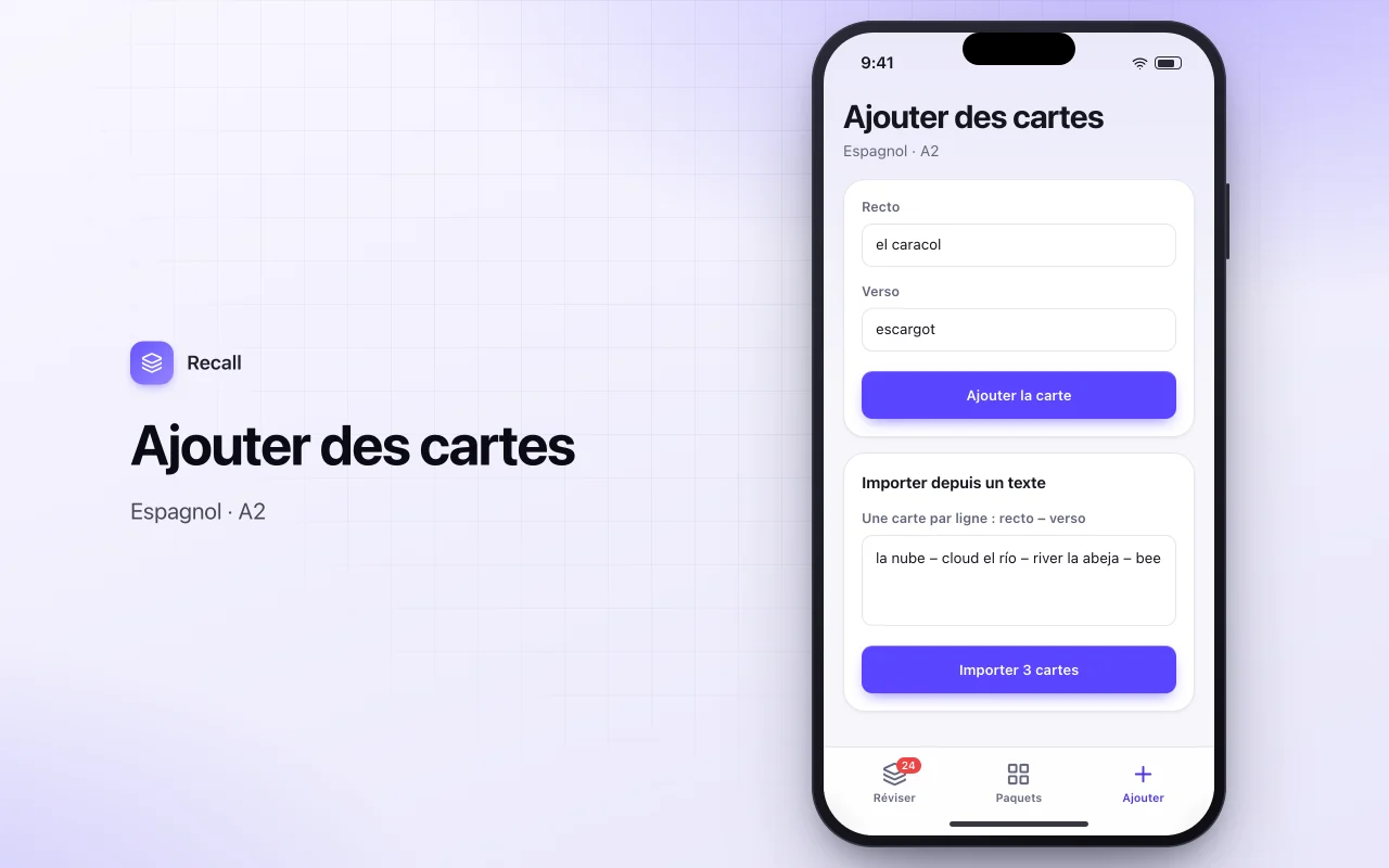 Cartes mémoire à répétition espacée : l’écran Ajouter des cartes